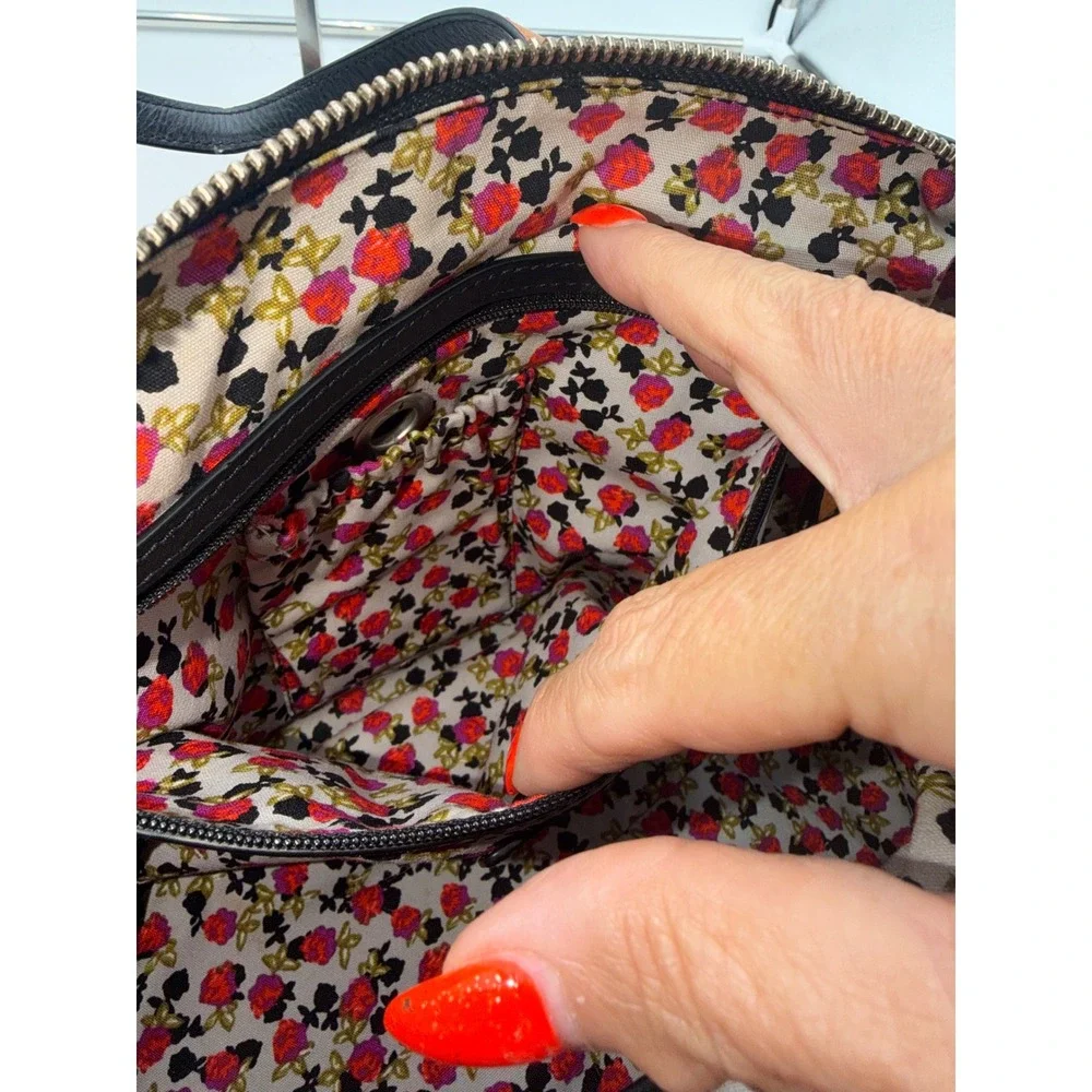 Vera Bradley Black Leather Satchel Crossbody Bag Floral Lining Tan Trim